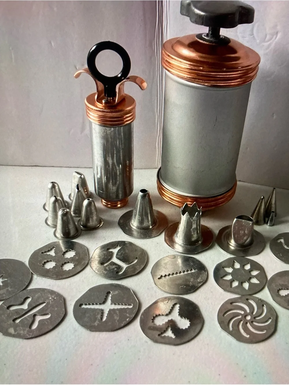 Vintage Mirro Copper-Accent Silver Cookie Press Set with Nozzles & Discs